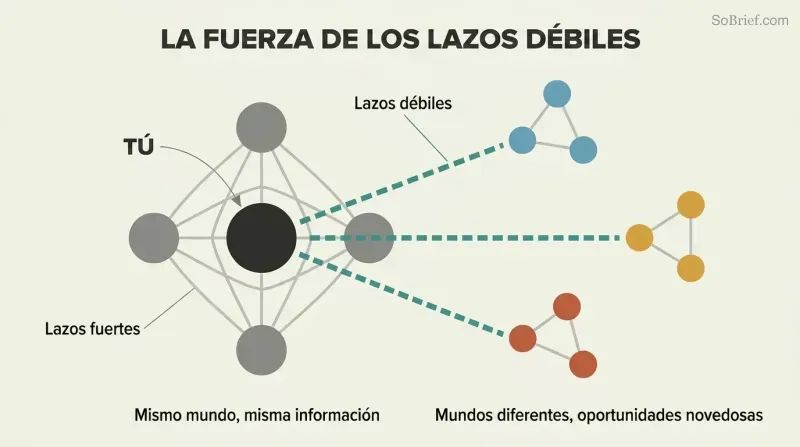 Network diagram showing a dense central cluster of close friends connected by gray lines, with teal bridge lines reaching three separate colored clusters representing different social worlds.