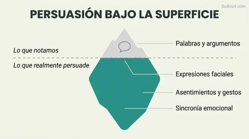 Iceberg with a small tip labeled words and arguments above a waterline of conscious awareness, and a massive teal body below representing the nonverbal cues that actually drive persuasion.