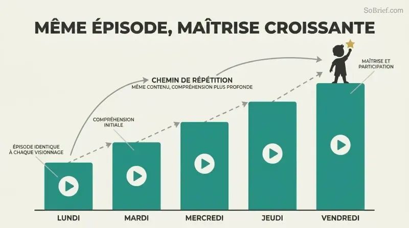 Five ascending teal bars labeled Monday through Friday, each containing an identical play-button icon at the same height, showing how repeating the same episode produces rising comprehension.