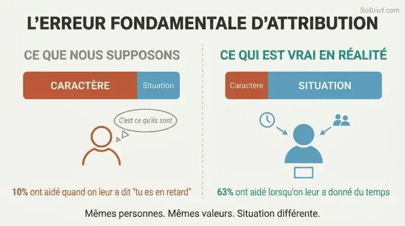 Split comparison showing how we overestimate personality's role in behavior on the left while the right reveals situation and context as the dominant driver.
