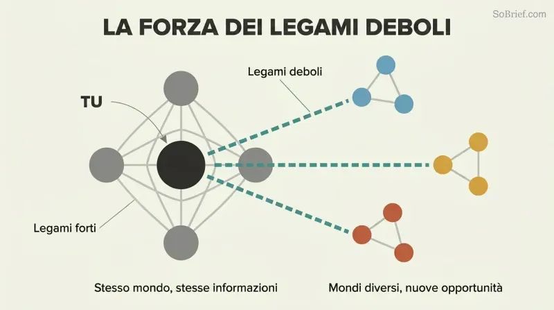 Network diagram showing a dense central cluster of close friends connected by gray lines, with teal bridge lines reaching three separate colored clusters representing different social worlds.