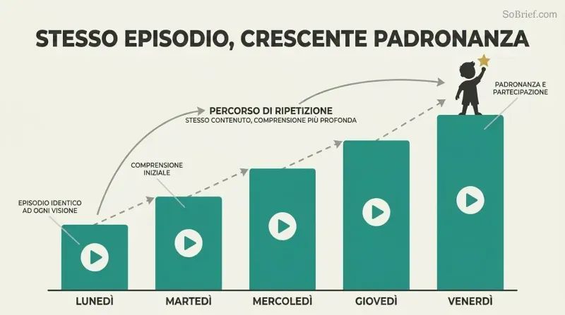 Five ascending teal bars labeled Monday through Friday, each containing an identical play-button icon at the same height, showing how repeating the same episode produces rising comprehension.