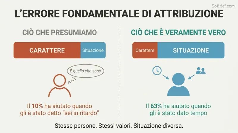Split comparison showing how we overestimate personality's role in behavior on the left while the right reveals situation and context as the dominant driver.