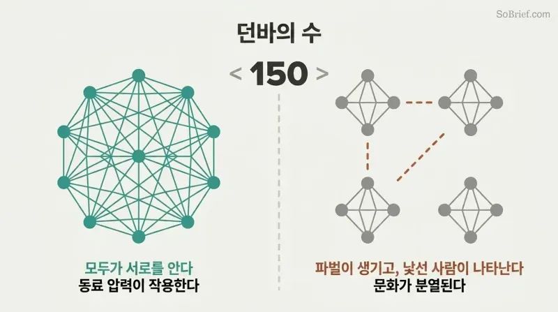 Split panel contrasting a densely interconnected network of people below 150 with fragmented isolated clusters above 150, divided by a threshold line.