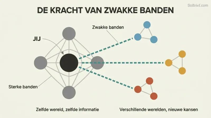 Network diagram showing a dense central cluster of close friends connected by gray lines, with teal bridge lines reaching three separate colored clusters representing different social worlds.