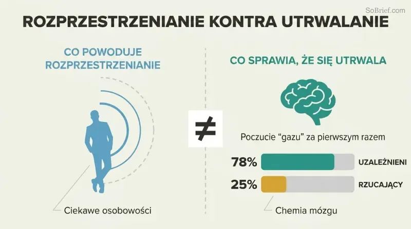 Split panel contrasting social influence radiating from a cool personality on the left with a brain icon and buzz-response proportion bars on the right, divided by a prominent not-equal symbol.