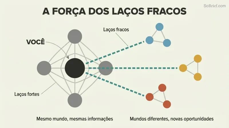 Network diagram showing a dense central cluster of close friends connected by gray lines, with teal bridge lines reaching three separate colored clusters representing different social worlds.