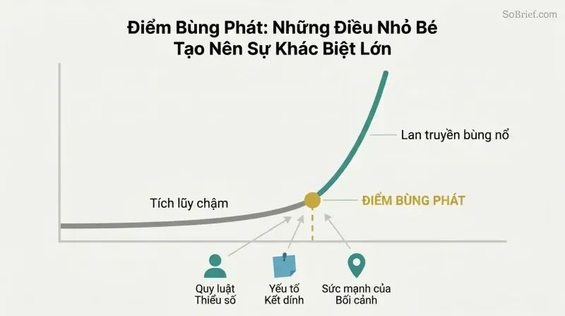 Exponential growth curve showing slow buildup that suddenly explodes upward at a marked tipping point, with three converging rules feeding the threshold moment.
