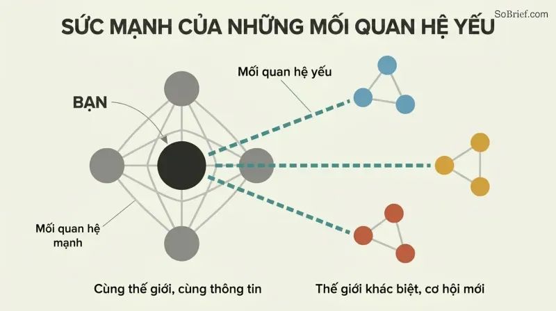 Network diagram showing a dense central cluster of close friends connected by gray lines, with teal bridge lines reaching three separate colored clusters representing different social worlds.