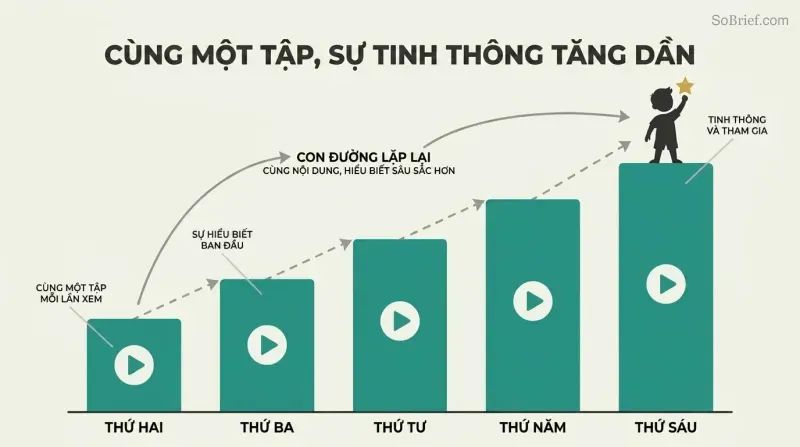 Five ascending teal bars labeled Monday through Friday, each containing an identical play-button icon at the same height, showing how repeating the same episode produces rising comprehension.