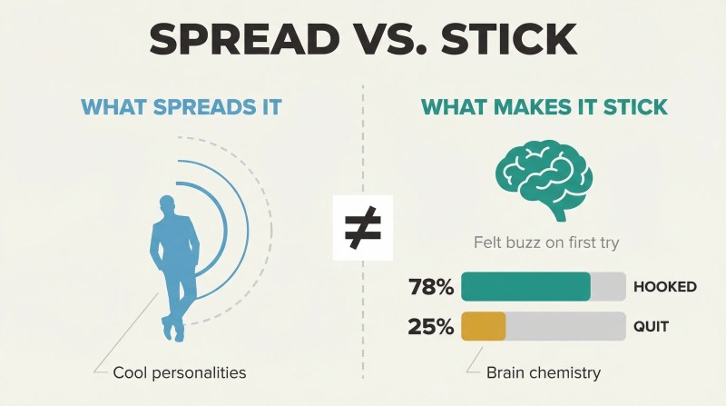 Split panel contrasting social influence radiating from a cool personality on the left with a brain icon and buzz-response proportion bars on the right, divided by a prominent not-equal symbol.