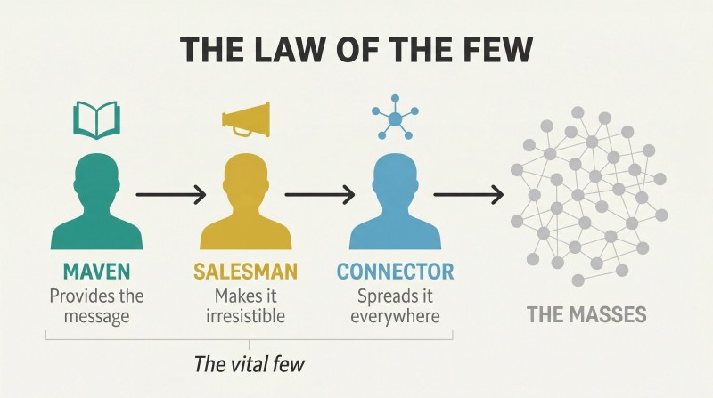 Three figures labeled Maven, Salesman, and Connector pass a message left to right, culminating in a large network of dots representing the masses reached.