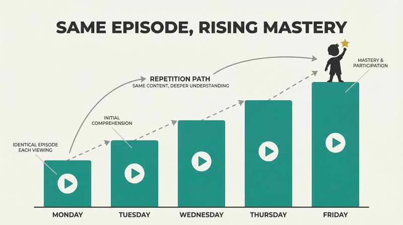 Five ascending teal bars labeled Monday through Friday, each containing an identical play-button icon at the same height, showing how repeating the same episode produces rising comprehension.