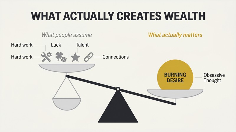 A tilted balance scale where a single heavy sphere labeled Obsessive Thought outweighs four lighter icons representing hard work, luck, talent, and connections.