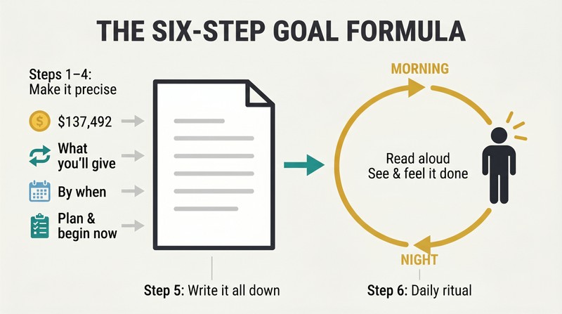 A written statement at center fed by four specific components, surrounded by a daily reading-and-feeling loop representing Hill's six-step wealth formula.