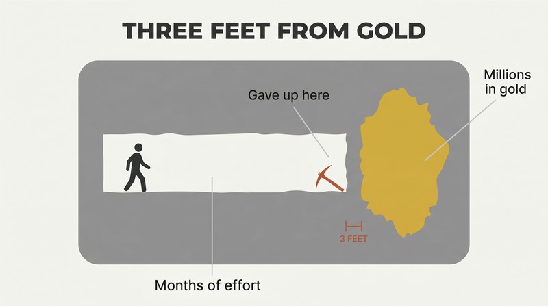 Underground cross-section showing a long mining tunnel ending just a thin wall away from a large gold deposit, with a silhouette walking away from the nearly-reached treasure.