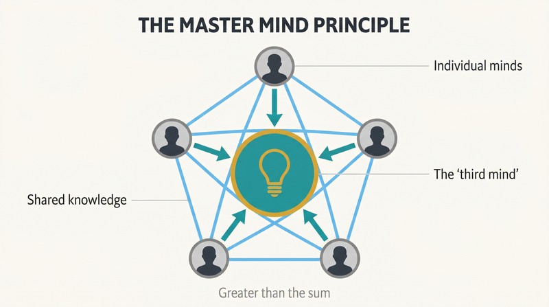Five small mind nodes arranged in a circle, fully interconnected, surrounding a larger central element representing the emergent "third mind" created by their harmony.