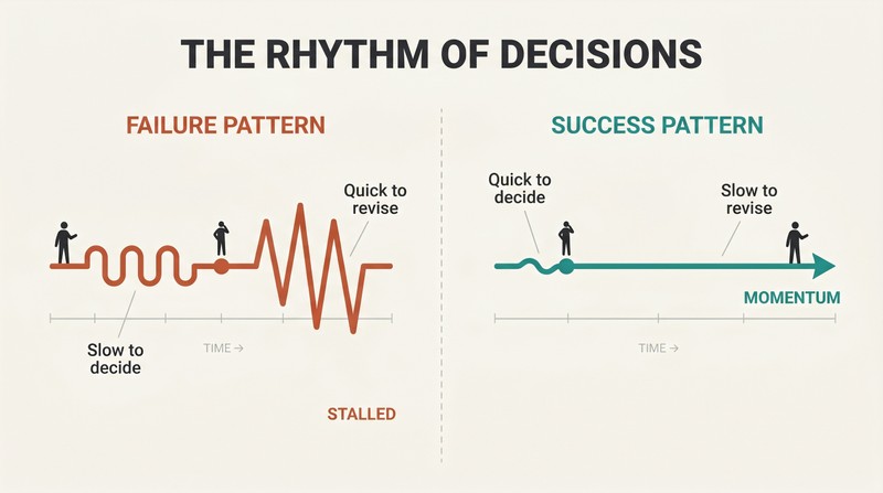 Split panel comparing two decision timelines where failures show long hesitation then rapid reversals, while successes show quick commitment then steady persistence.