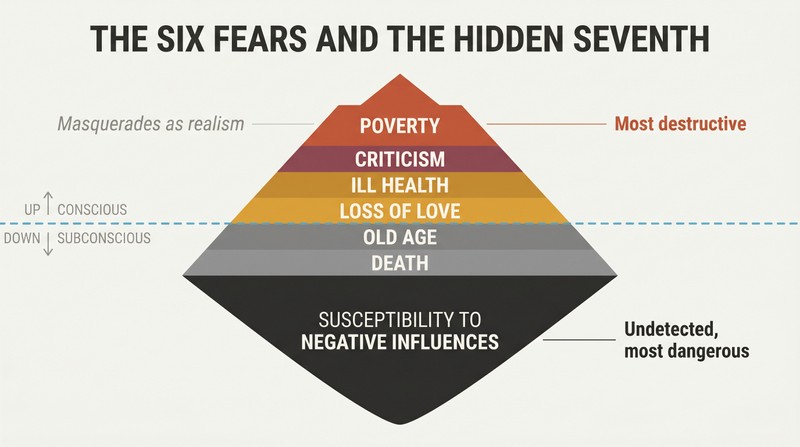 Iceberg diagram showing six fears above a waterline with poverty and criticism as the largest, and a hidden seventh evil of negative influences lurking below the surface.