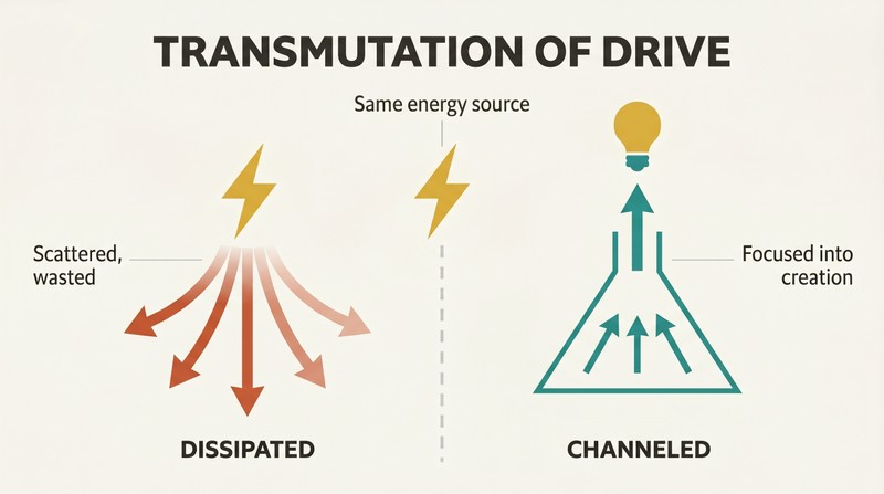 Split panel showing raw energy scattering downward on the left versus the same energy funneled upward into creative achievement on the right.