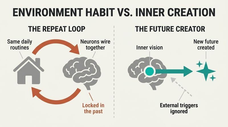 Side-by-side comparison showing how external environments loop the brain into the past, contrasted with an inner vision breaking the loop to create a new future.