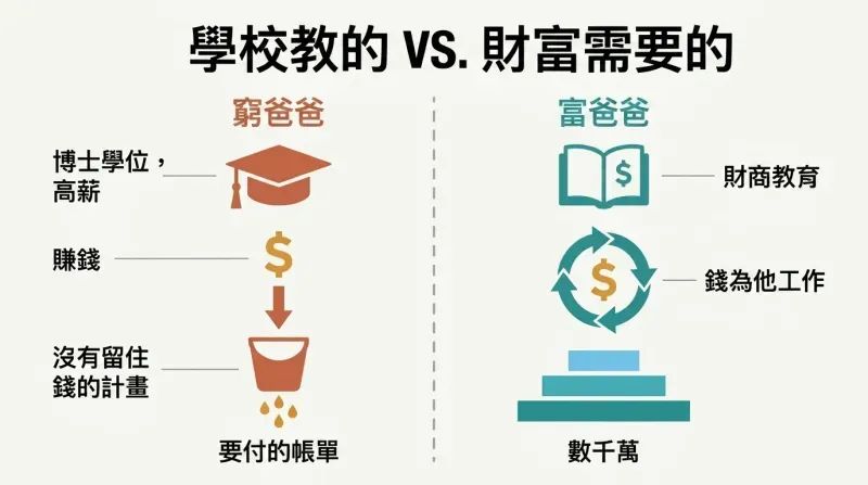 Split panel comparing two paths: formal education leading to high income but empty pockets, versus financial education leading to growing wealth.