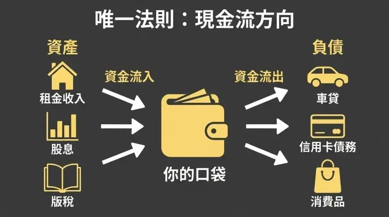 Split panel showing assets on the left sending cash arrows toward a central pocket and liabilities on the right pulling cash arrows away from it.