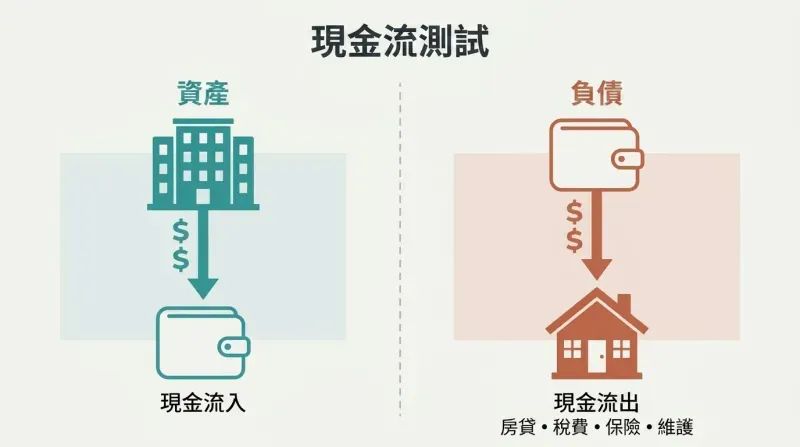 Split panel comparing an asset with cash flowing into a wallet versus a house with cash flowing out of a wallet toward mortgage, taxes, insurance, and maintenance.
