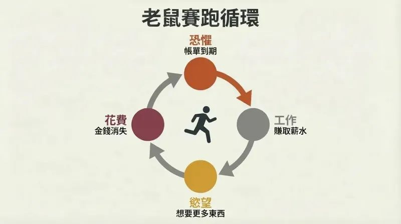 Circular loop with four stages — fear, work, desire, spend — and a running silhouette chasing a dangling carrot, showing the endless paycheck cycle.