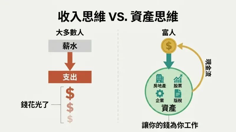 Split comparison showing income-column thinking as a linear downward drain versus asset-column thinking as a self-reinforcing cycle where dollars become employees.