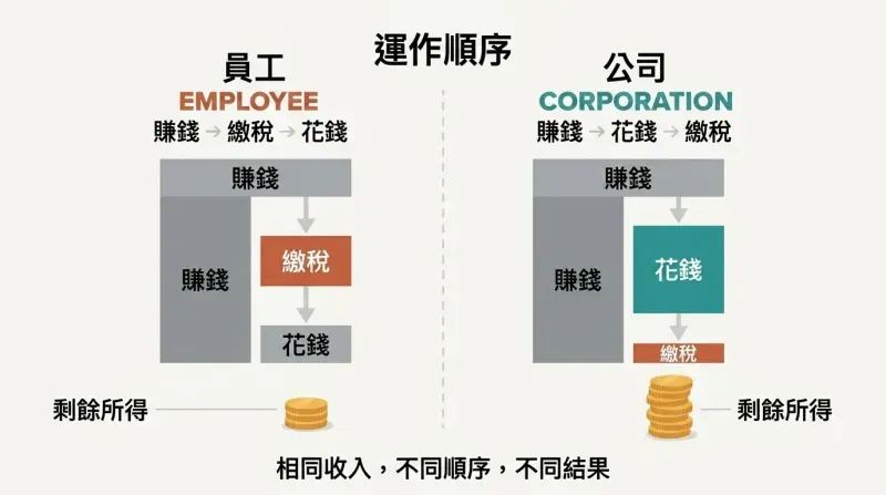 Split comparison showing employees losing income to tax before spending versus corporations spending before tax, resulting in more money kept.