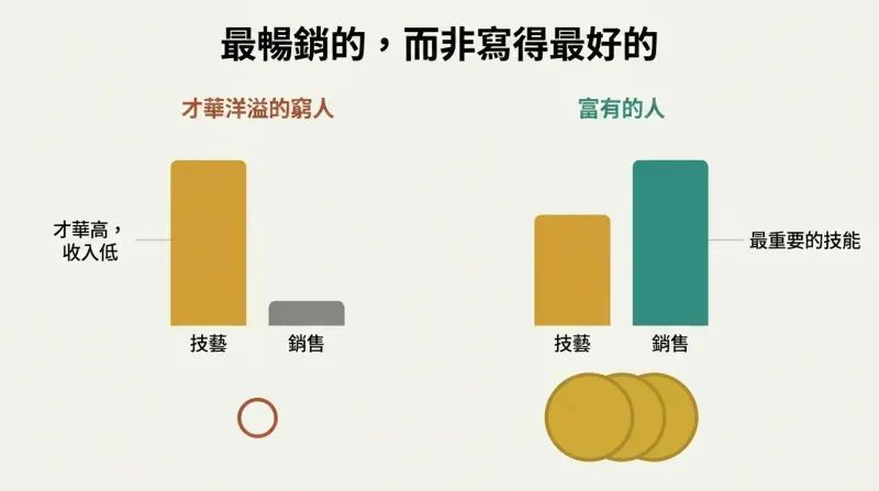 Split panel comparing two skill-bar profiles where high craft skill with low sales skill yields poverty, while moderate craft with high sales skill yields wealth.
