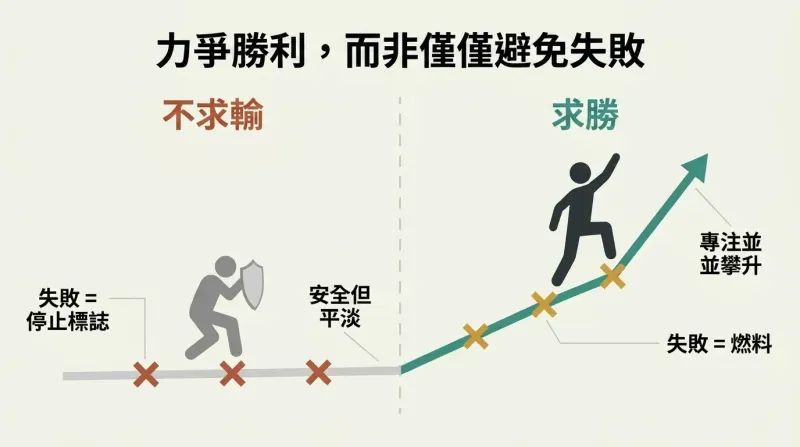 Split panel contrasting a defensive figure stopped by failures with flat results against an offensive figure using failures as stepping stones toward steep growth.