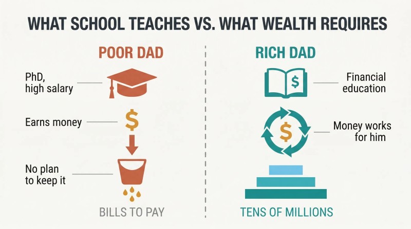 Split panel comparing two paths: formal education leading to high income but empty pockets, versus financial education leading to growing wealth.