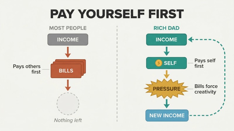 Split comparison showing how paying others first leaves nothing, while paying yourself first creates pressure that generates new income.