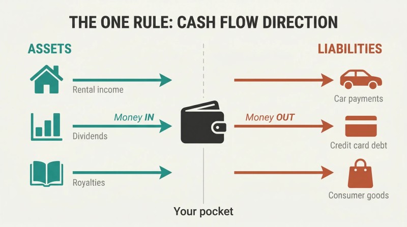 Split panel showing assets on the left sending cash arrows toward a central pocket and liabilities on the right pulling cash arrows away from it.