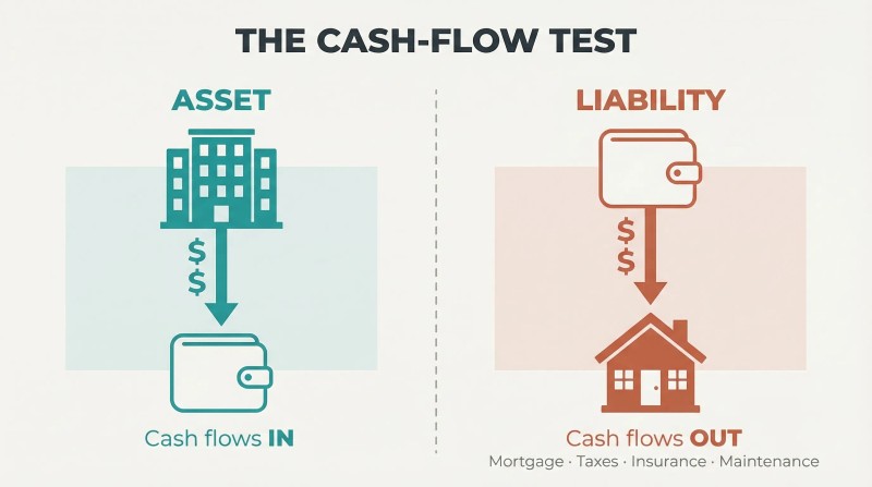 Split panel comparing an asset with cash flowing into a wallet versus a house with cash flowing out of a wallet toward mortgage, taxes, insurance, and maintenance.