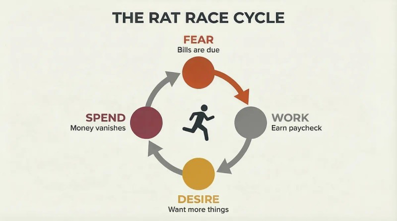 Circular loop with four stages — fear, work, desire, spend — and a running silhouette chasing a dangling carrot, showing the endless paycheck cycle.