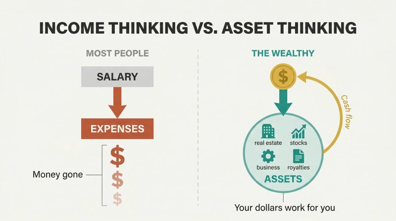 Split comparison showing income-column thinking as a linear downward drain versus asset-column thinking as a self-reinforcing cycle where dollars become employees.