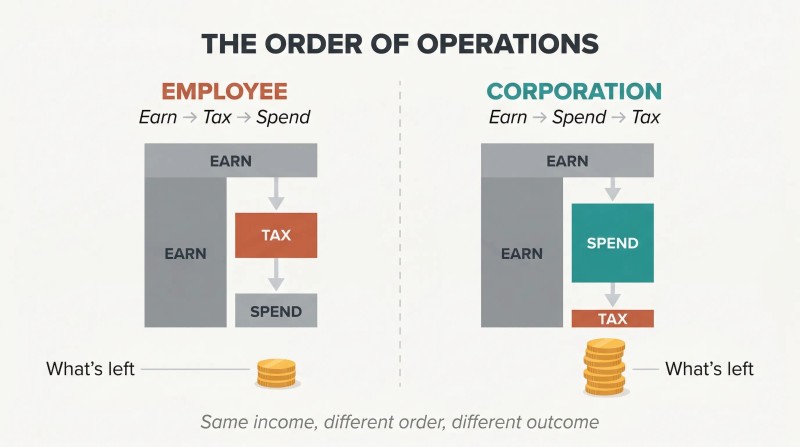 Split comparison showing employees losing income to tax before spending versus corporations spending before tax, resulting in more money kept.
