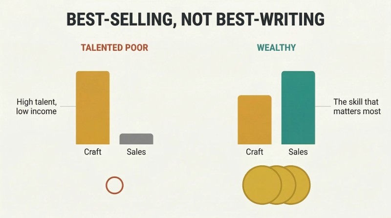 Split panel comparing two skill-bar profiles where high craft skill with low sales skill yields poverty, while moderate craft with high sales skill yields wealth.