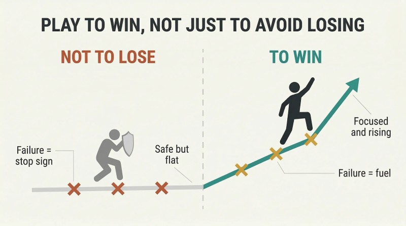 Split panel contrasting a defensive figure stopped by failures with flat results against an offensive figure using failures as stepping stones toward steep growth.