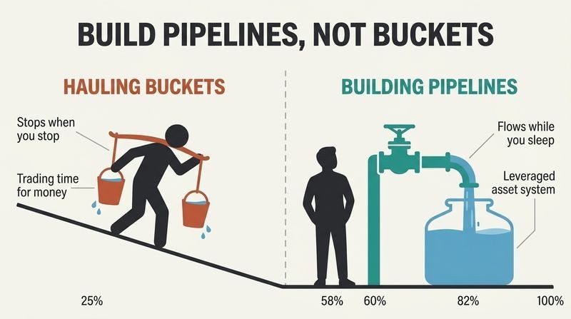 Split panel diagram comparing the heavy labor of hauling buckets with the passive flow of an automated water pipeline system.