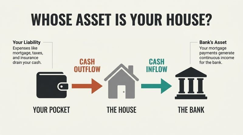 Flow diagram showing cash leaving a homeowner's pocket as a liability and flowing into a bank as an asset.