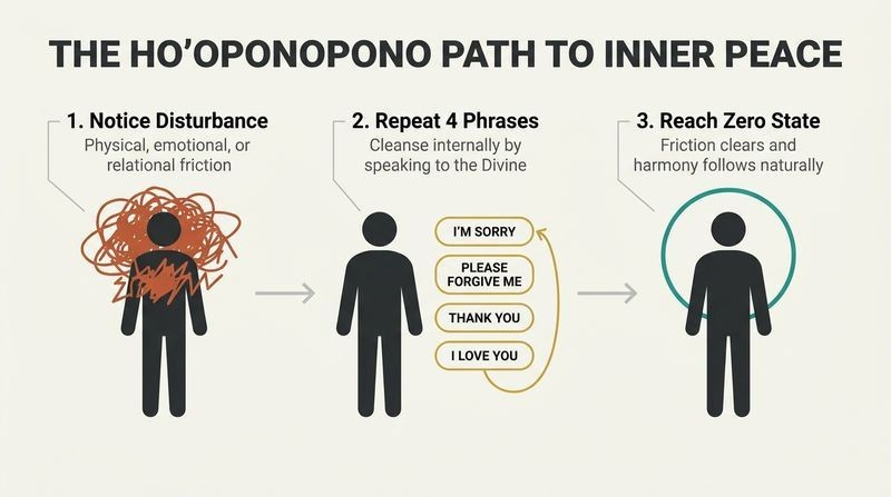 Three-stage horizontal diagram showing how noticing an internal disturbance, continuously repeating four key phrases to the Divine, and reaching a clear zero state resolves friction.