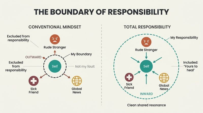 Split panel diagram comparing a conventional narrow boundary of responsibility with an expanded boundary where all external events on one's radar are contained and healed inward.