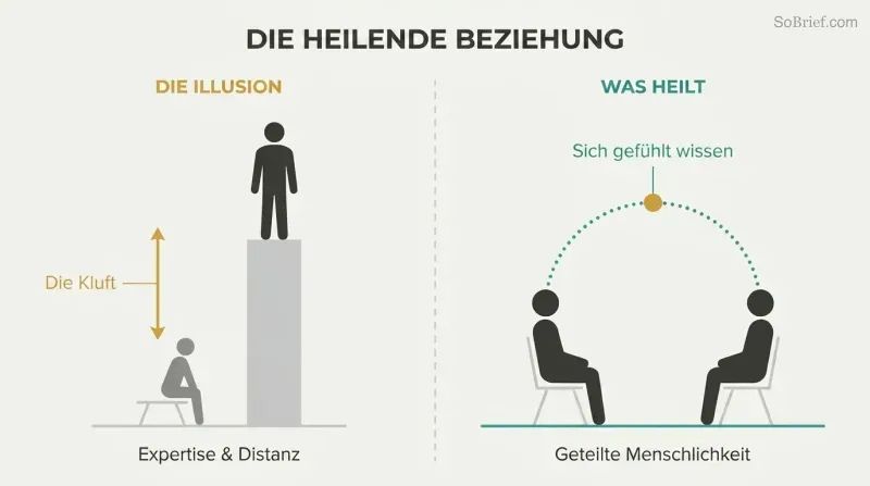 Split panel contrasting an elevated therapist above a diminished patient versus both seated at the same level, connected through shared humanity.