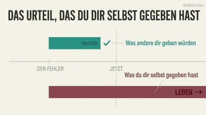 Two horizontal bars on a timeline showing a short fair sentence already served versus an endlessly long self-imposed life sentence stretching decades beyond.