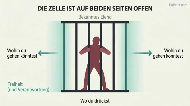 A silhouette figure grips prison bars at center while both sides of the cell stand wide open, showing that the perceived trap has always had an available exit.