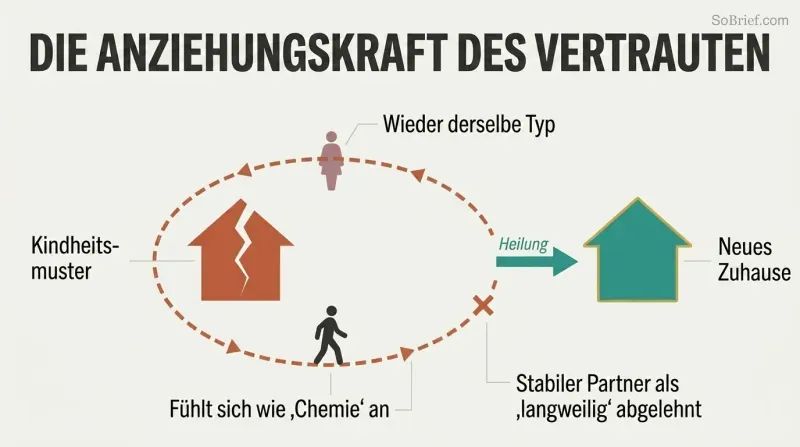 A small figure orbits endlessly around a cracked house representing childhood patterns, until a break in the orbit leads to a new, whole house representing a healthier sense of home.